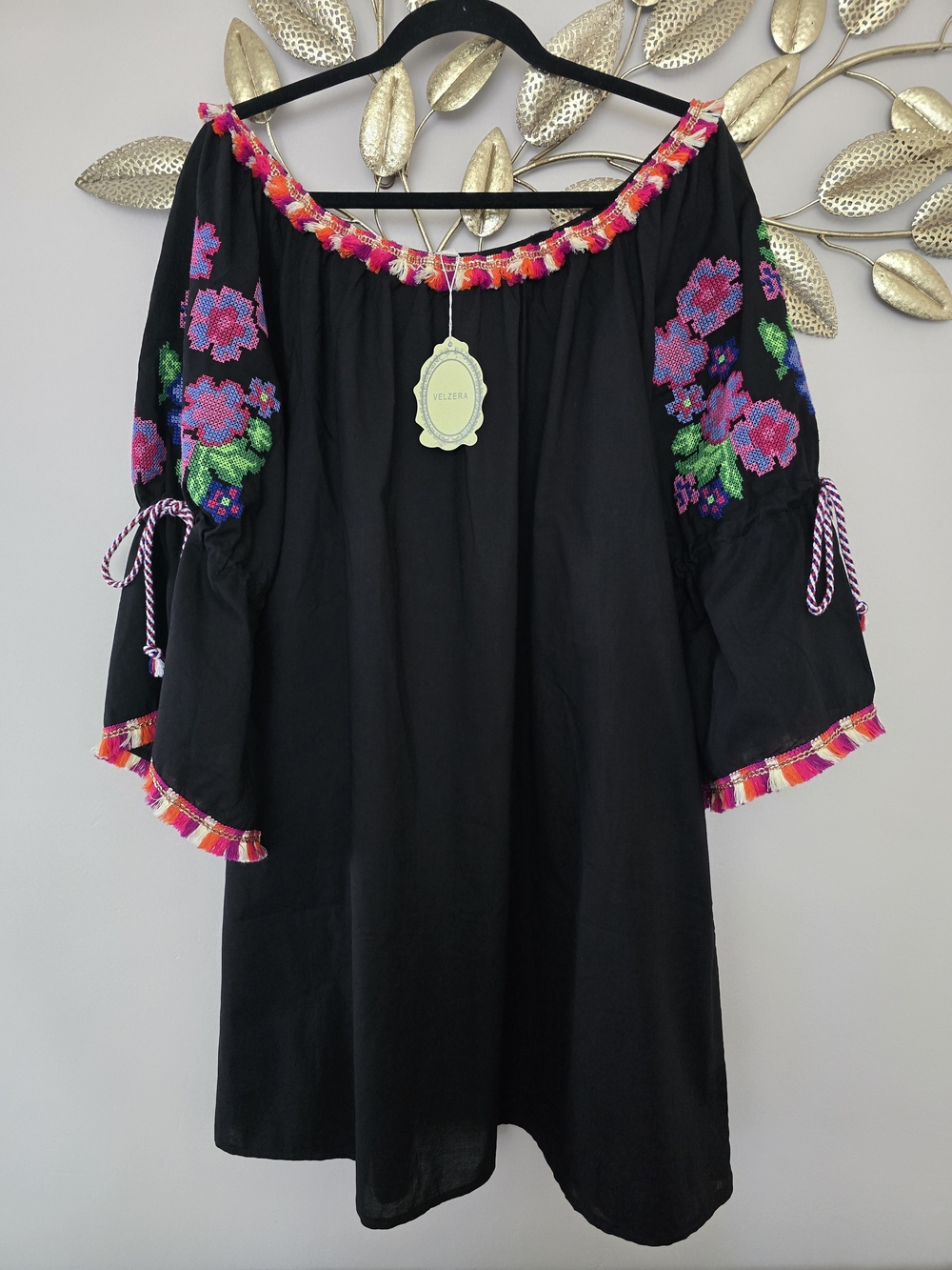 Velzera Black Mini Dress-Tunic with Pink & Green Floral Embroidery Sz L-2xL